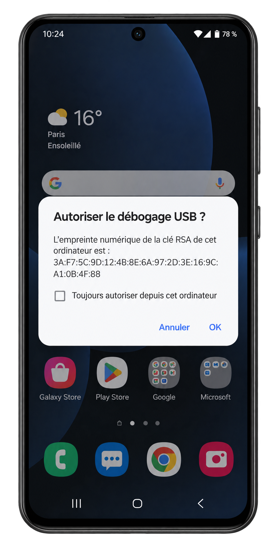 La pop-up d&rsquo;autorisation du débogage USB, à valider sur l&rsquo;écran… mort